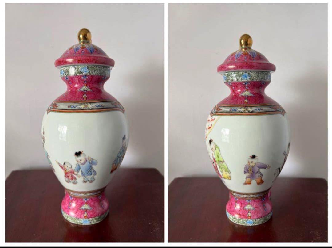 中国古美術/清清代時代珐瑯彩嬰戲紋雙聯蓋瓶/景德鎮製。 y508 - メルカリ