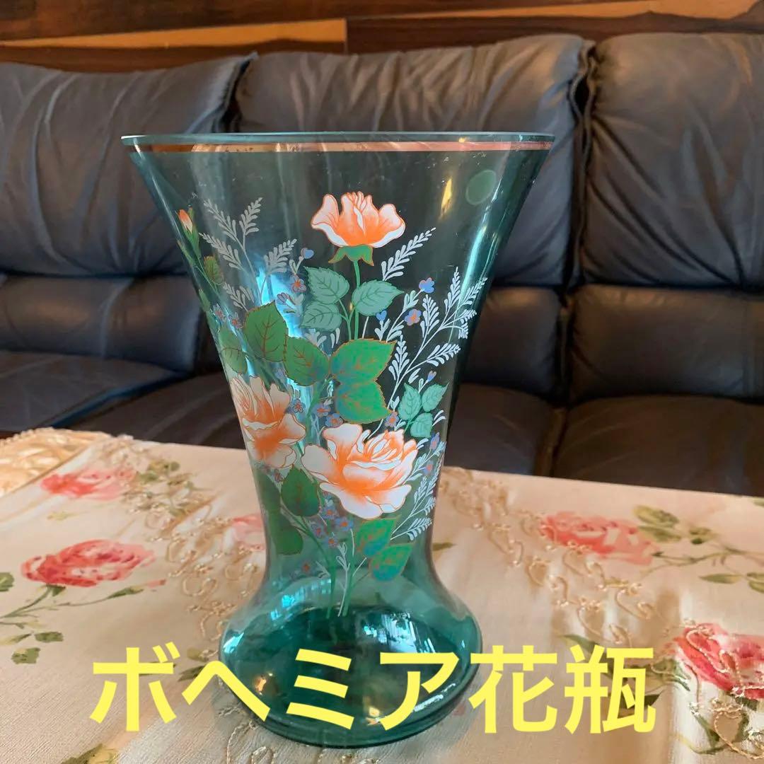 ブルー　ボヘミア花瓶　薔薇　大