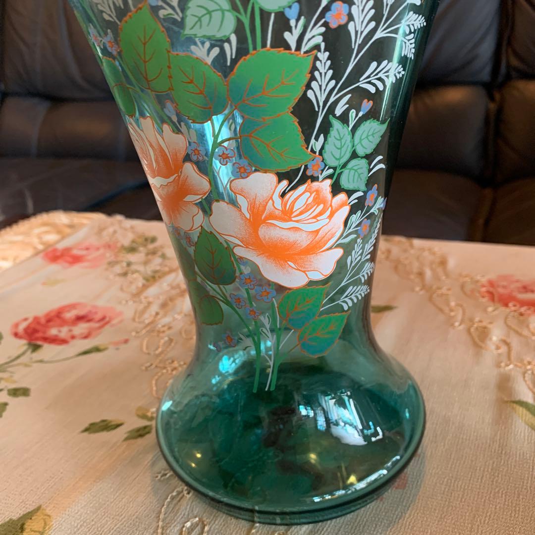 ブルー　ボヘミア花瓶　薔薇　大