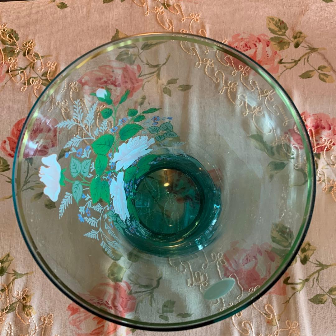 ブルー　ボヘミア花瓶　薔薇　大