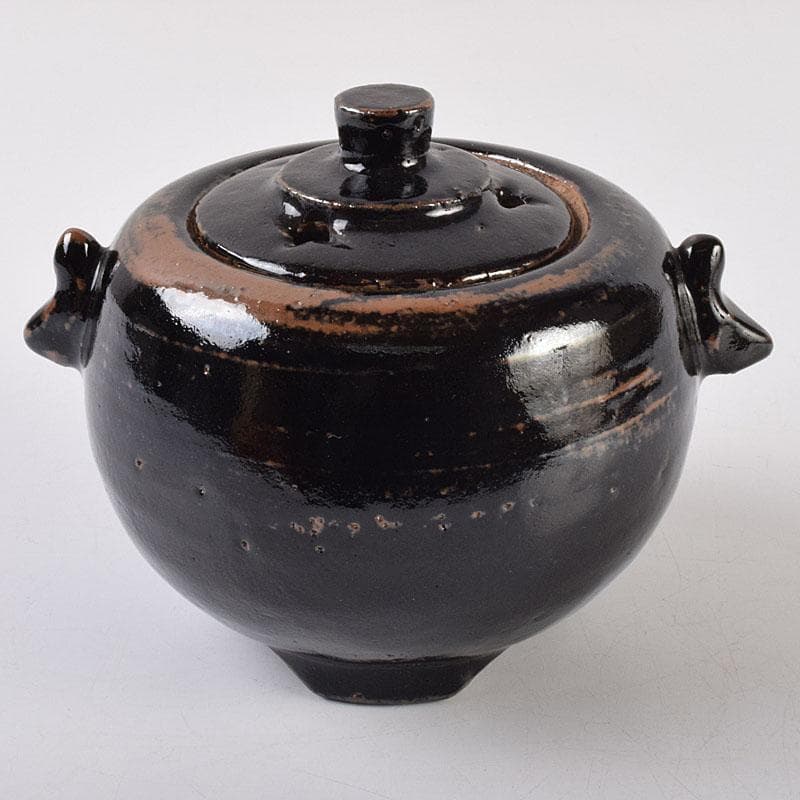 人間国宝　濱田庄司作　黒釉　双耳香炉　蓋付香炉　共箱　M　R9216
