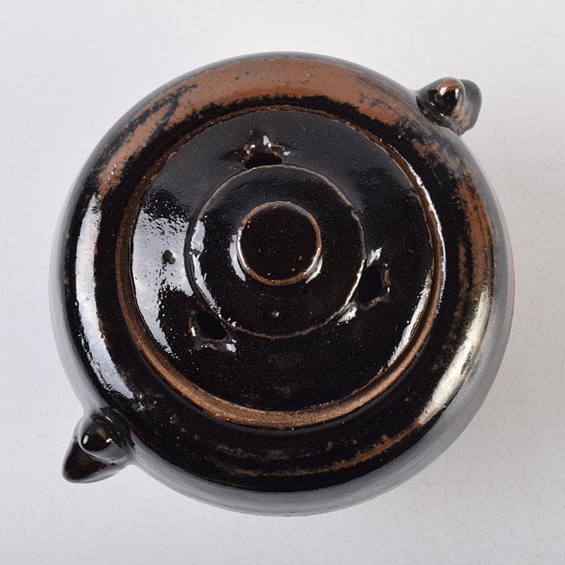 人間国宝　濱田庄司作　黒釉　双耳香炉　蓋付香炉　共箱　M　R9216