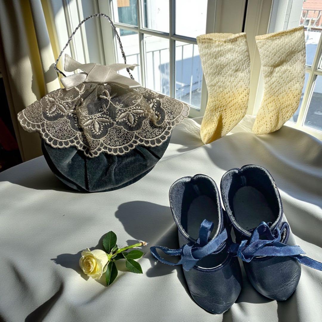 ビスクドール ジュモー ブルー ベルベット ドレス ボネ バッグ カメオ