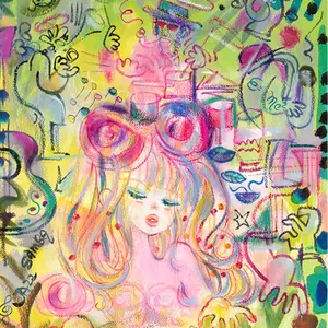 F6号】岡本太郎（遊魂）手描き/表裏サイン有/油彩/絵画/額縁/裏シール