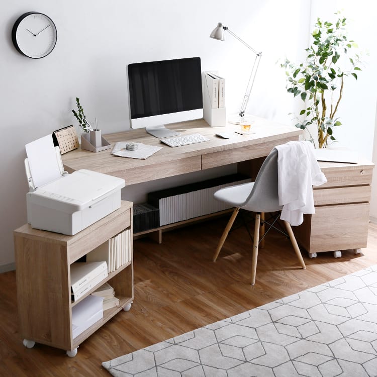 システムデスク3点セット(オーク/ダークブラウン)サイドチェスト付き