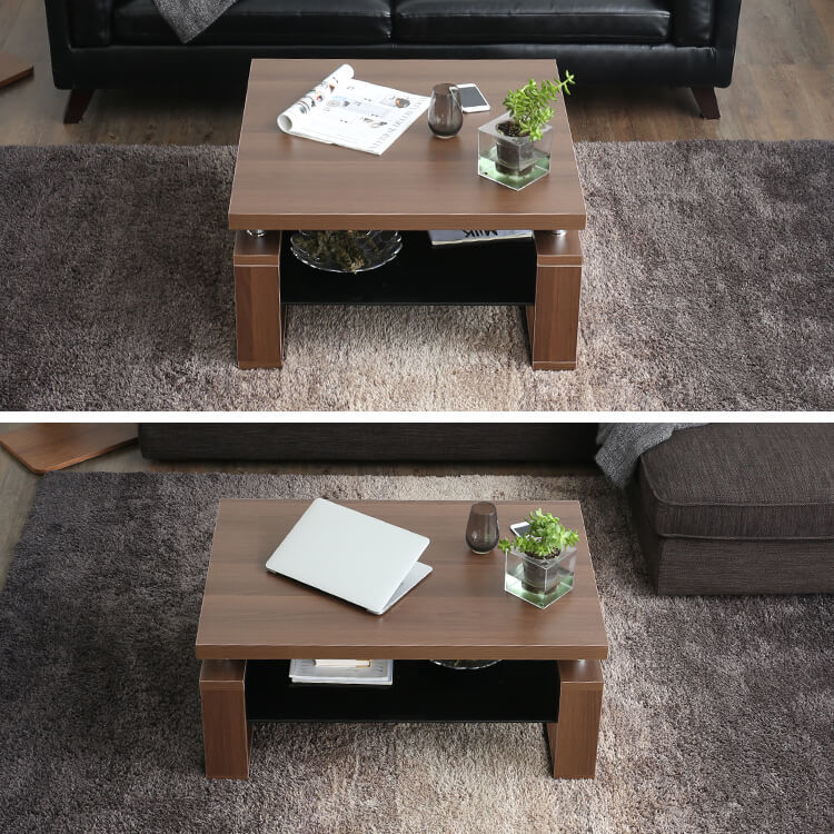 リビングテーブル(正方形/長方形)ガラス板の収納棚で高級感を演出