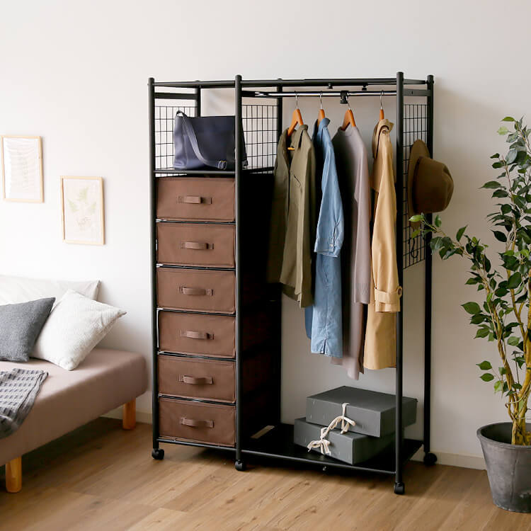 幅81-106.5] ハンガーラック 伸縮式 不織布 収納 引き出し付き 伸縮