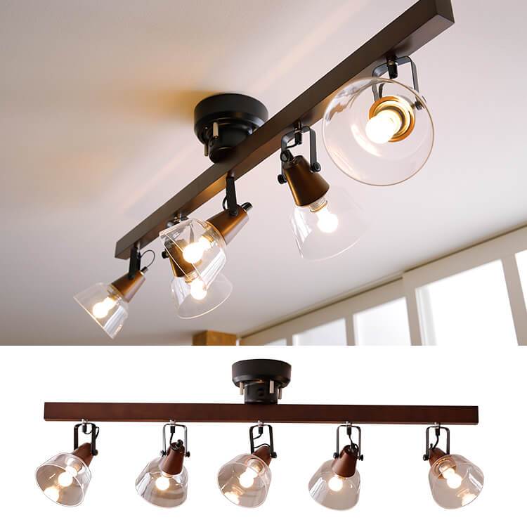 LEDシーリングライト（5灯：ブラウン/ナチュラル）木製×ガラスシェード