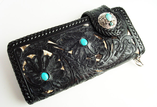 シルバーコンチョ ターコイズ付きレザーウォレット スタイル ::: 革